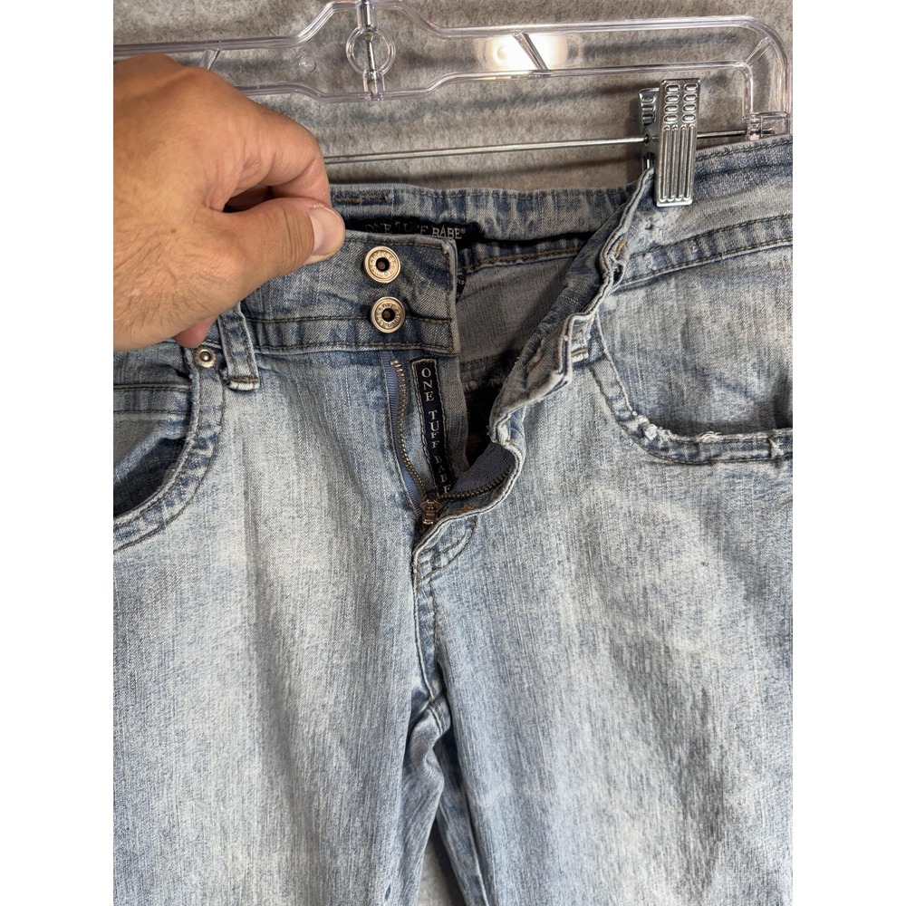 One Tuff Babe Jeans Womens 9/10 Blue Stretch Flare Denim Light Wash Distressed - Picture 8 of 15